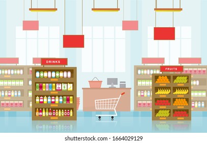 Supermarket Grocery Shelf Store Retail Shop Mall Interior Flat Illustration