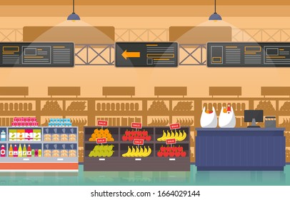 Supermarket Grocery Shelf Store Retail Shop Mall Interior Flat Illustration