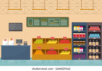 Supermarket Grocery Shelf Store Retail Shop Mall Interior Flat Illustration