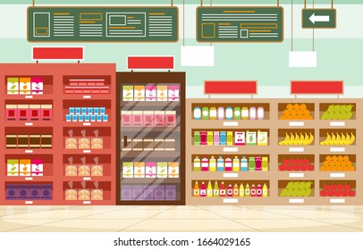 Supermarket Grocery Shelf Store Retail Shop Mall Interior Flat Illustration