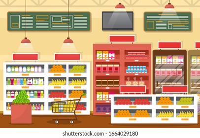 Supermarket Grocery Shelf Store Retail Shop Mall Interior Flat Illustration