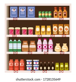 Supermarket Grocery Shelf Store Retail Shop With Dairy Products Assortment Mall. Vector Isolated Ilustration