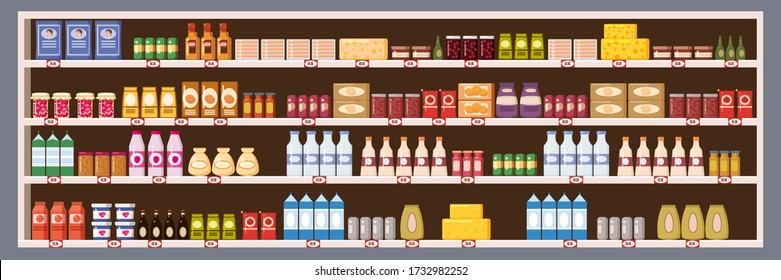 Supermarket Grocery Shelf Store Retail Shop with dairy products assortment mall. Vector isolated ilustration