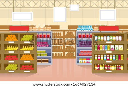 Supermarket Grocery Shelf Store Retail Shop Mall Interior Flat Illustration