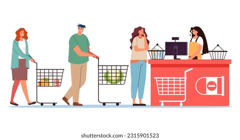 Supermarket grocery shop cashier checkout queue line concept. Vector graphic design illustration