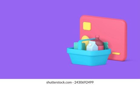 Supermarket grocery shopping food basket card payment banner copy space 3d icon realistic vector illustration. Groceries store shop market goods buying order service e money digital paying purchase