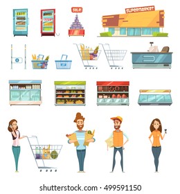 Supermarket grocery shopping retro cartoon icons set with customers carts baskets food and products  isolated vector illustration   