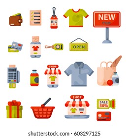 Supermarket grocery shopping retro cartoon icons set with customers carts baskets food and commerce products isolated vector illustration.