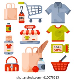 Supermarket grocery shopping retro cartoon icons set with customers carts baskets food and commerce products isolated vector illustration.