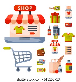 Supermarket grocery shopping retro cartoon icons set with customers carts baskets food and commerce products isolated vector illustration.