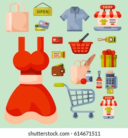 Supermarket grocery shopping retro cartoon icons set with customers carts baskets food and commerce products isolated vector illustration.