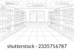 Supermarket or grocery store aisle, perspective sketch of interior vector illustration. Abstract black line retail shop inside, hypermarket shelves full of food products and variety of packages