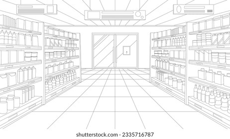 Supermarket or grocery store aisle, perspective sketch of interior vector illustration. Abstract black line retail shop inside, hypermarket shelves full of food products and variety of packages