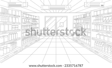 Supermarket or grocery store aisle, perspective sketch of interior vector illustration. Abstract black line retail shop inside, hypermarket shelves full of food products and variety of packages