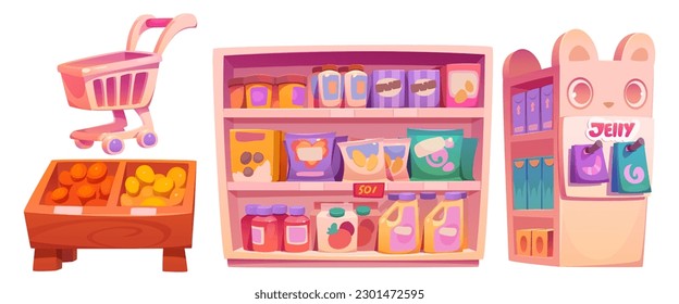 Supermarket, grocery store with cute shelf in kawaii style with sweets. Shop equipment with cart, counter with fruits and showcase with products, vector cartoon set isolated on white background