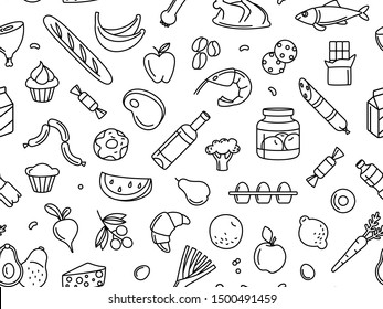 Supermarket grocery store food, drinks, vegetables, fruits, fish, meat, dairy, sweets market products goods seamless thin line icons background pattern. Vector illustration in linear simple style.