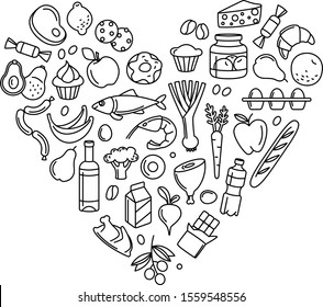 Supermarket grocery store food, drinks, vegetables, fruits, fish, meat, dairy, sweets market products goods thin line icons heart shape background pattern. Vector illustration in linear simple style.