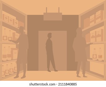 Supermarket, grocery store with food on shelves. Sale, discounts in food store. Shop in mall for selling groceries. People make purchases, choose goods, buy products in supermarket vector illustration