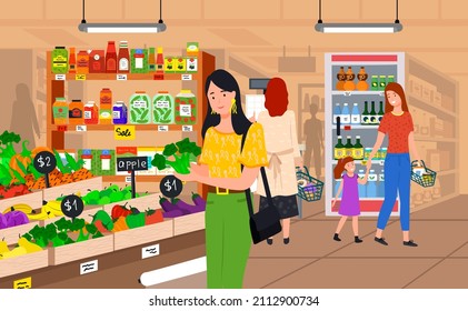 Supermarket, grocery store with food on shelves. Sale, discounts in food store. Shop in mall for selling groceries. People make purchases, choose goods, buy products in supermarket vector illustration