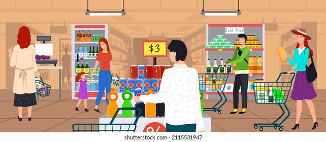 Supermarket, grocery store with food on shelves. Sale, discounts in food store. Shop in mall for selling groceries. People make purchases, choose goods, buy products in supermarket vector illustration