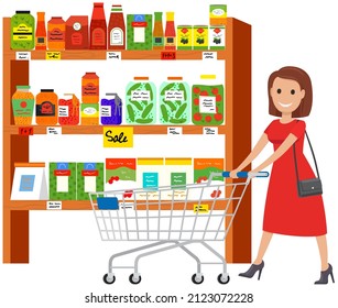 Supermarket, grocery store with food on shelves. Sale, discounts in food store. Shop in mall for selling groceries. People make purchases, choose goods, buy products in supermarket vector illustration