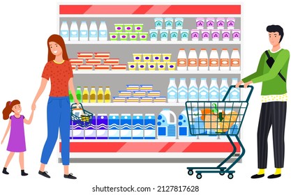 Supermarket, grocery store with food on shelves. Sale, discounts in food store. Shop in mall for selling groceries. People make purchases, choose goods, buy products in supermarket vector illustration