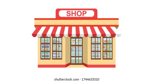 Supermarket grocery store icon isolated on white. Supermarket building and interior with fresh food on shelves and counter cashier, Flat vector illustration.