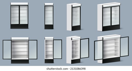 Supermarket or grocery store refrigerator mockup set, vector isolated illustration. Realistic open and closed glass door commercial display fridges. Empty freezer equipment for food and drink storage.