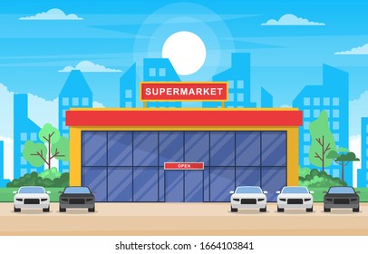 Supermarket Grocery Store Retail Shop Mall City Building Flat Illustration