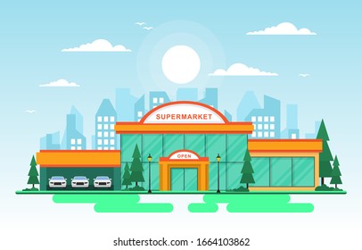 Supermarket Grocery Store Retail Shop Mall City Building Flat Illustration