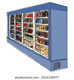 Supermarket or grocery store stand refrigerator with products in refrigerator and on shelves. Hand drawn illustration. Commercial display fridge for food and drink storage.