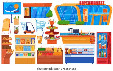 Supermarket grocery store vector illustration set. Cartoon flat hypermarket collection of storefront building, shop shelf and freezer, fresh drink fridge, food cart trolley or basket isolated on white