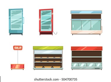 Supermarket and grocery stories display racks aisle refrigerator and sale stand retro cartoon icons collection isolated vector illustration