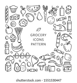 Supermarket Grosery Store Food, Drinks, Vegetables, Fruits, Fish, Meat, Dairy, Sweets Market Products Goods Thin Line Icons Background Pattern. Vector Illustration Frame Border In Linear Simple Style.