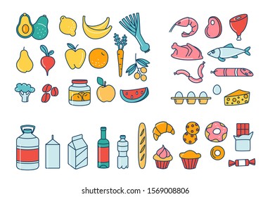 Supermarket grosery store food, drinks, vegetables, fruits, fish, meat, dairy, sweets market products goods thin line icons set. Vector illustration in linear simple style.