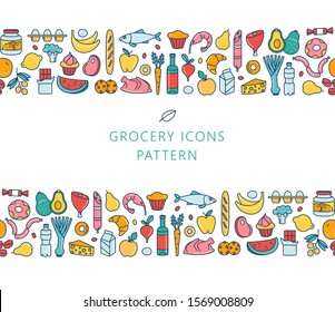 Supermarket grosery store food, drinks, vegetables, fruits, fish, meat, dairy, sweets market products goods seamless thin line icons background pattern. Vector illustration in linear simple style.