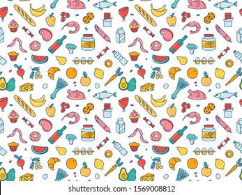 Supermarket grosery store food, drinks, vegetables, fruits, fish, meat, dairy, sweets market products goods seamless thin line icons background pattern. Vector illustration in linear simple style.