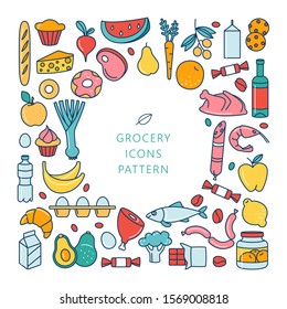 Supermarket grosery store food, drinks, vegetables, fruits, fish, meat, dairy, sweets market products goods thin line icons background pattern. Vector illustration frame border in linear simple style.