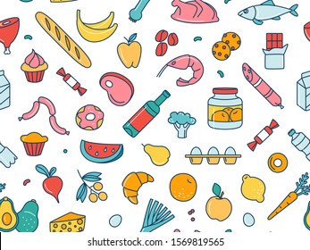 Supermarket grosery store food, drinks, vegetables, fruits, fish, meat, dairy, sweets market products goods seamless thin line icons background pattern. Vector illustration in linear simple style.