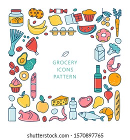 Supermarket grosery store food, drinks, vegetables, fruits, fish, meat, dairy, sweets market products goods thin line icons background pattern. Vector illustration frame border in linear simple style.