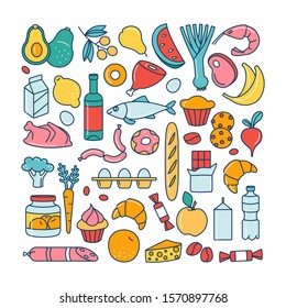 Supermarket grosery store food, drinks, vegetables, fruits, fish, meat, dairy, sweets market products goods thin line icons background pattern. Vector illustration frame border in linear simple style.