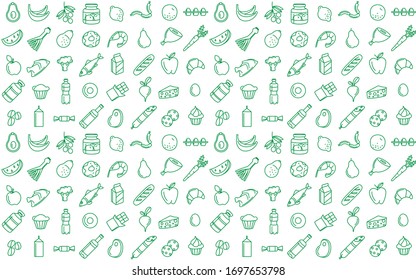 Supermarket grosery store food, drinks, vegetables, fruits, seafood, meat, dairy, sweets market products goods seamless thin line icons background pattern. Vector illustration in linear simple style.