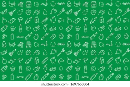 Supermarket grosery store food, drinks, vegetables, fruits, seafood, meat, dairy, sweets market products goods seamless thin line icons background pattern. Vector illustration in linear simple style.