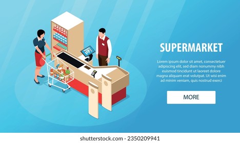 Supermarket horizontal banner with buyer driving shopping cart with purchases to checkout isometric vector illustration