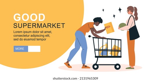 Supermarket horizontal banner with characters of two women with cart and editable text with more button vector illustration