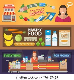 Supermarket horizontal banners set with shopping and healthy food everything for money isolated vector illustration 