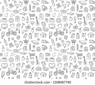 Supermarket Hypermarket Store Food, Market Products, Grocery, Appliances, Clothes, Toys, Music, Sports Seamless Thin Line Icons Background Pattern. Vector Illustration In Linear Simple Style.