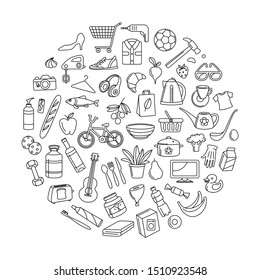 Supermarket hypermarket store food, market products, grocery, appliances, clothes, toys, music, sports round thin line icons background frame pattern. Vector illustration in linear simple style.