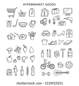 Supermarket hypermarket store food, market products, grocery, appliances, clothes, toys, music, sports thin line icons set. Vector illustration in linear simple style.