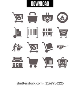 supermarket icon. 16 supermarket vector set. barcode, father with son on shopping cart, pet shop and vegetables icons for web and design about supermarket theme